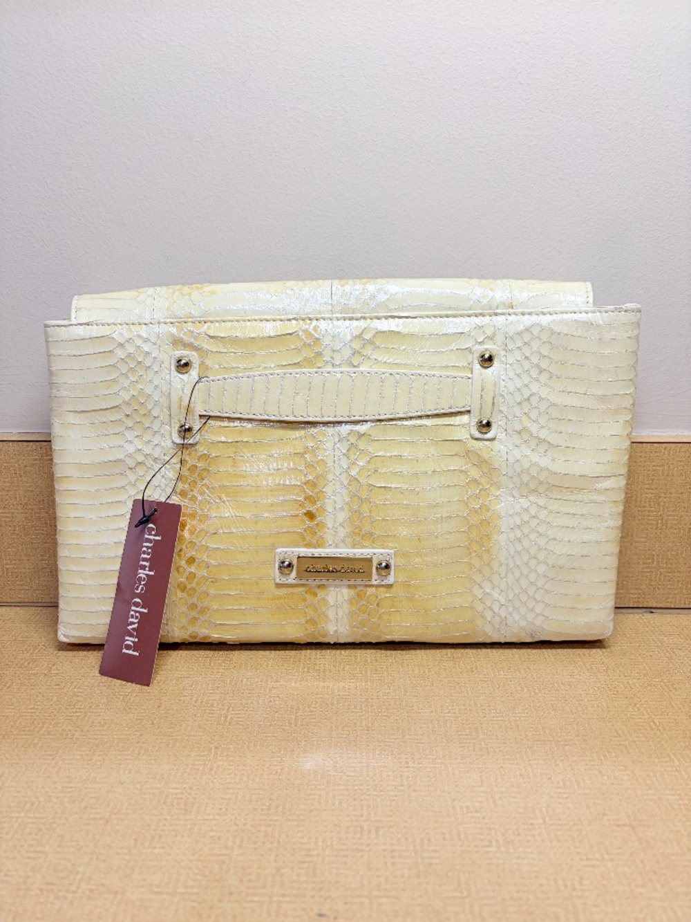 Charles David Yellow Python Embossed Leather Foldover Clutch NWT